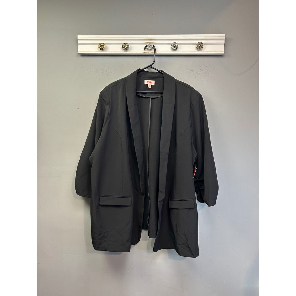 EVRI Blazer Women 4X Black Open Front Ruched 3/4 Sleeve Plus Size Professional